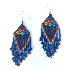 Bohemian Color Block Floral Beaded Tassel Seed bead Earrings